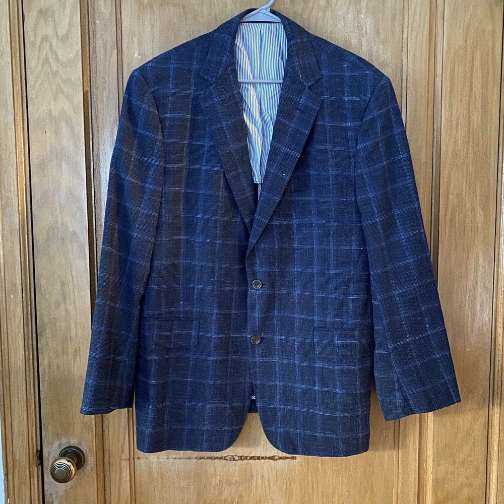 Allen Edmonds James Navy Blue Windowpane 44 Blazer Linen Sport Coat Retails $595